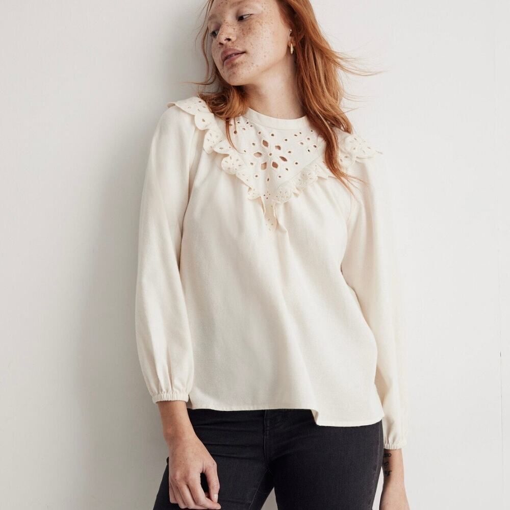 Madewell Cream Embroidered Flannel Mockneck Top Size Small‎